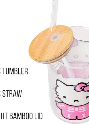 Silver Buffalo Sanrio Hello Kitty Halloween Spooky Skeleton Glass Jar Tumbler with Bamboo Lid and Glass Straw, 16 Ounces
