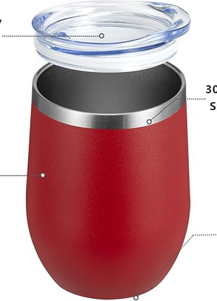 MEWAY 12oz/8 Pack Wine Tumbler Glasses with Lid - Stemless Double Wall Vacuum Stainless Steel Travel Tumbler - Keeping Cold & Hot for Wine,Coffee,Cocktails,Drinks-Family and Gifts (Red,Set of 8)