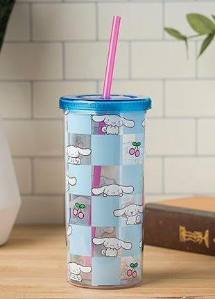 Silver Buffalo Sanrio Hello Kitty and Friends Cinnamoroll Cherry Blue Checkered Plastic Cold Cup with Lid and Straw, 20 Ounces