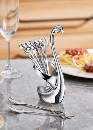 AnSaw Silver Small Coffee Spoon Holder Set,Swan Base With 10 Pcs Demitasse Espresso Spoons Set,4.7" Mini Leaf Dessert Spoon,Stainless Steel Tea Spoons
