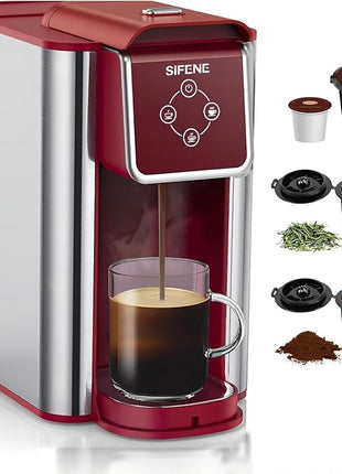 Single Serve Coffee Maker - 3-in-1 K Pod Coffee Machine, Ground, Leaf Tea, 50oz Reservoir, Red