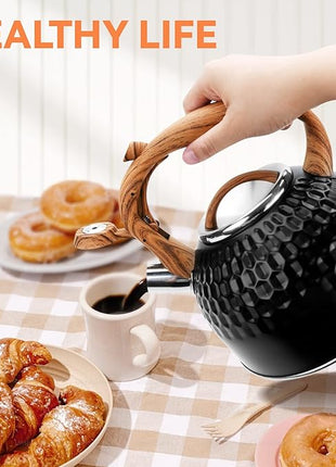 Whistling Teapot, 2.6 Qt 304 Food Grade Stainless Steel Tea Kettle with Heat-resistant Handle, Durable, not Rust，One-button Switch(BLack）