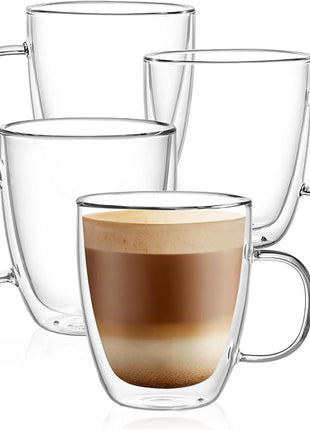 CNGLASS Large Glass Coffee Mugs 12oz,Double Walled Insulated Cappuccino Mug with Handle,Set of 4