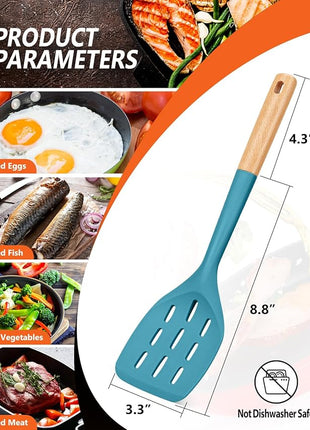 Pack of 2 Silicone Spatula, Non Stick Cooking Utensil Set Wooden Handle Kitchen Turner for Baking Mixing Grilling Serving Food Heat Resistant Non Scratch Hooks Included (Blue)