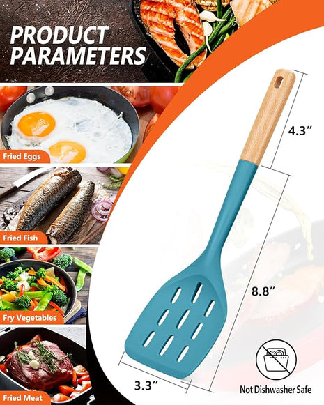 Pack of 2 Silicone Spatula, Non Stick Cooking Utensil Set Wooden Handle Kitchen Turner for Baking Mixing Grilling Serving Food Heat Resistant Non Scratch Hooks Included (Blue)