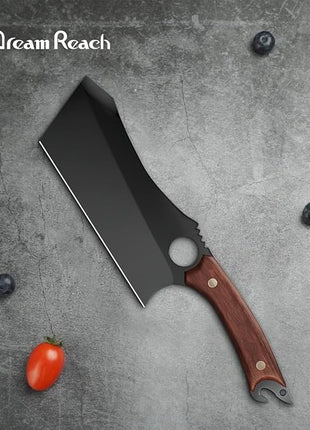 Dream Reach Meat Cleaver, 6.9 inch Black Boning Knife, High Carbon Steel Sharp Kitchen Forged In Fire Knife with Sheath Gift Box Bottle Opener for Outdoor Camping, Christmas Gifts for Men Women
