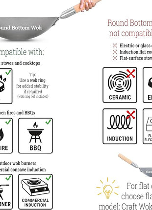 Craft Wok Traditional Hand Hammered Chinese Carbon Steel Wok with Wooden and Steel Helper Handle (14 Inch, Round Bottom Pow Wok Pan) / 731W88