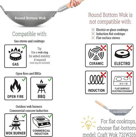 Craft Wok Traditional Hand Hammered Chinese Carbon Steel Wok with Wooden and Steel Helper Handle (14 Inch, Round Bottom Pow Wok Pan) / 731W88