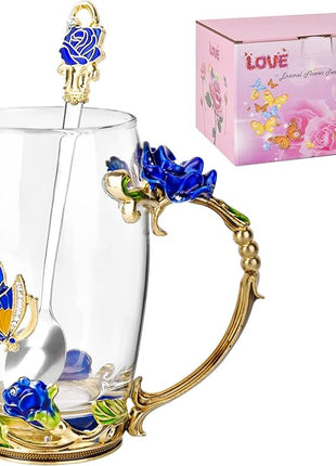 OEAGO Gifts for Mom Women Mothers Day Glass Coffee Enamels Mug Best Birthday Butterfly Rose Gifts for Her from Daughter Son Lead-Free Christmas Blue Tea Cup with Spoon Set