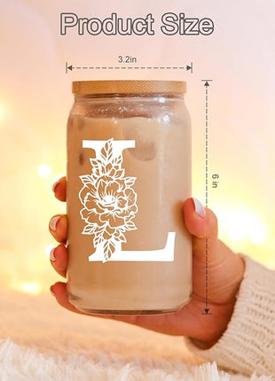 Coolife Initial Glass Cup, Monogrammed Gifts for Women, 16 oz Glass Cups w/Lids Straws, Iced Coffee Smoothie Beer Tumbler w/Straw Lid - Personalized Christmas, Birthday Gifts for Her Mom Friend Woman