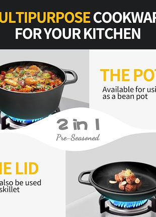 2-in-1 Pre-Seasoned Cast Iron Dutch Oven Pot with Skillet Lid Cooking Pan, Cast Iron Skillet Cookware Pan Set with Dual Handles Indoor Outdoor for Bread, Frying, Baking, Camping, 7QT