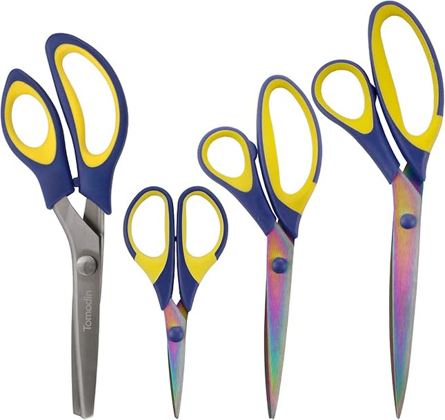 BambooMN Titanium Softgrip Scissors Set - Pinking, Sewing, Arts, Crafts, Office - 1 Set of 4 - Blue w/Yellow