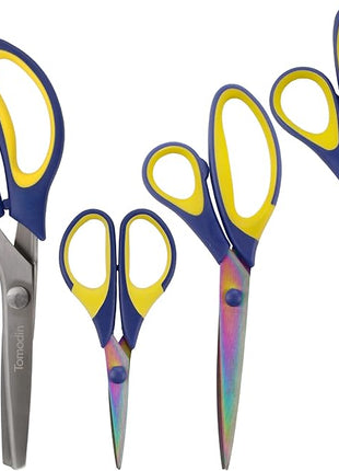 BambooMN Titanium Softgrip Scissors Set - Pinking, Sewing, Arts, Crafts, Office - 30 Sets of 4 - Blue w/Yellow