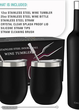 CHILLOUT LIFE 12 oz Stainless Steel Wine Tumblers 2 Pack & 1 Insulated Wine Bottle - Double Wall Vacuum Insulated Wine Glasses Cups with Lids and Straws Set Keeping Cold & Hot Gift Set