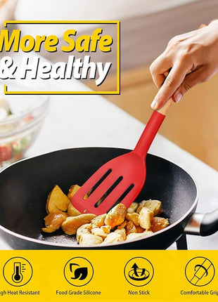 Pack of 2 Silicone Cooking Spatula, Heat Resistant Solid Turner, Non Stick Slotted Spatulas with Wooden Handle,Ideal Wood Kitchen Utensils Set for Frying, Baking, Flipping, Turning (RED)