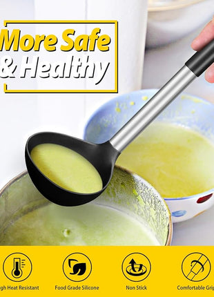 Pack of 2 Ladle Spoon,Silicone Large Spoon for Soup,Non Stick Kitchen Utensils with High Heat Resistant,BPA Free Perfect Kitchen Tools for Cooking, Stirring,Serving Soups (BLACK-KHAKI)