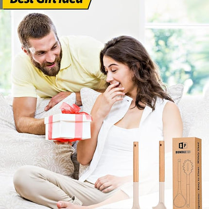 Silicone Pasta Fork and Ladle Spoon Set with Wooden Handle, Heat Resistant Non Stick Kitchen Utensils for Cooking, Stirring, Serving Spaghetti, Soup, Sauce(KHAKI)