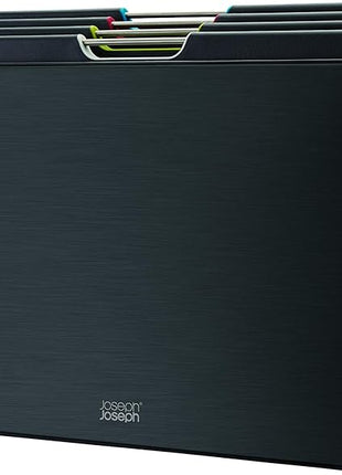 Joseph Joseph Folio 4-Piece Colour coded Cutting Board Set, Stainless Steel Slimline case for organized Kitchen storage, Black