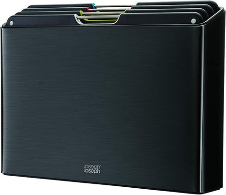 Joseph Joseph Folio 4-Piece Colour coded Cutting Board Set, Stainless Steel Slimline case for organized Kitchen storage, Black