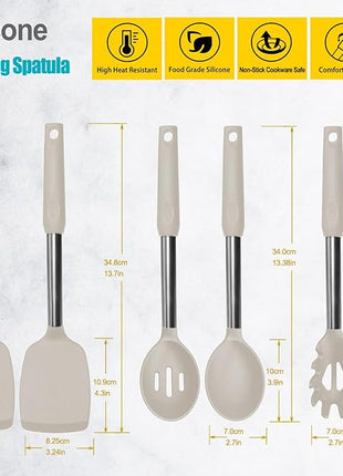 Silicone Spatula and Cooking Spoon,5 Pack Non-Stick Cooking Utensils for Kitchen，Heat Resistant Solid & Slotted Spoons and Spatulas, Stainless Steel Handle Coated with Silicone, Khaki