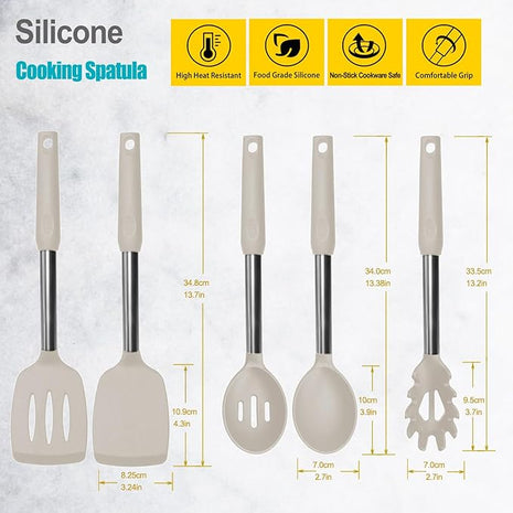 Silicone Spatula and Cooking Spoon,5 Pack Non-Stick Cooking Utensils for Kitchen，Heat Resistant Solid & Slotted Spoons and Spatulas, Stainless Steel Handle Coated with Silicone, Khaki