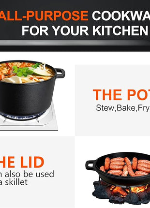 Overmont 2 in 1 Pre Seasoned Dutch Oven with Skillet Lid for Induction, Electric, Grill, Stovetop, BBQ, Camping (5 Quart)