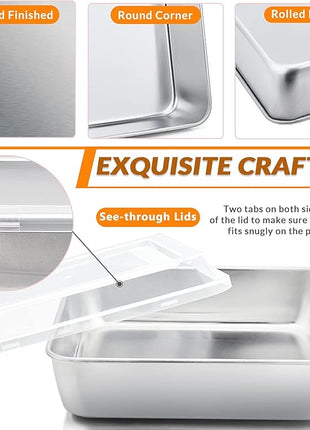 E-far 8 x 8-Inch Baking Pan with lid, Square Cake Brownie Baking Pans Stainless Steel Bakeware Set of 2, Non-toxic & Healthy, Easy Clean & Dishwasher Safe - 4 Pieces(2 Pans + 2 Lids)