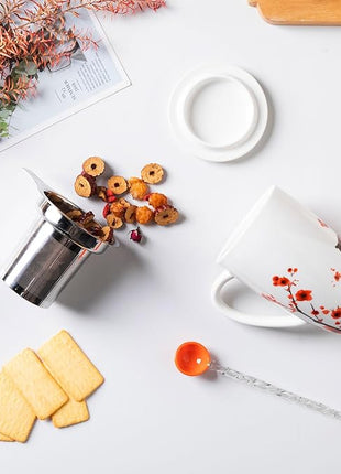 Sweejar Porcelain Tea Mug with Infuser and Lid,Teaware with Filter, Loose Leaf Tea Cup Steeper Maker, 16 Fl Oz for Tea/Coffee/Milk/Women/Office/Home/Gift (Plum Blossom)