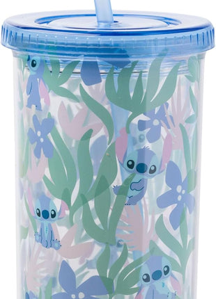 Silver Buffalo Disney Lilo and Stitch Cute Floral and Leaves Pattern Plastic Tall Cold Cup with Lid and Straw, 20 Ounces