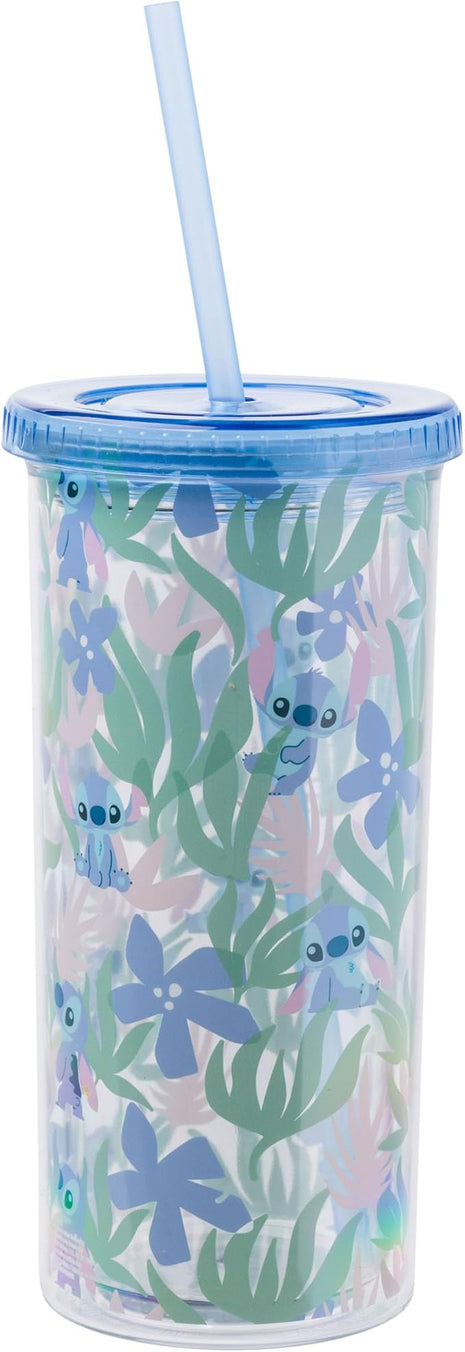 Silver Buffalo Disney Lilo and Stitch Cute Floral and Leaves Pattern Plastic Tall Cold Cup with Lid and Straw, 20 Ounces