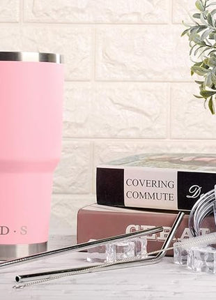 D·S 30 oz Pink Tumbler Stainless Steel Double Wall Vacuum Insulated Mug with Straw and Lid, Cleaning Brush for Cold and Hot Beverages (30oz Pink)