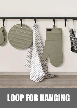 Rorecay 6pcs Oven Mitts and Pot Holders Sets Heat Resistant 500 Degrees, Extra Long Silicone Oven Gloves Non-Slip Potholders Hot Pads for Kitchen Baking Cooking, Quilted Liner, Martini Olive