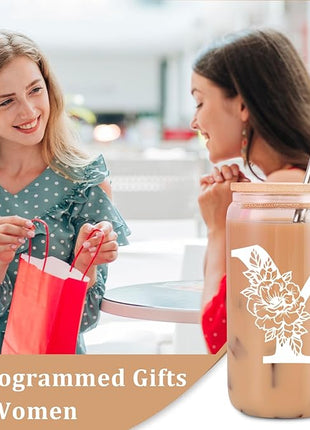 Coolife Initial Glass Cup, Monogrammed Gifts for Women, 16 oz Glass Cups w/Lids Straws, Iced Coffee Smoothie Beer Tumbler w/Straw Lid - Personalized Christmas, Birthday Gifts for Her Mom Friend Woman