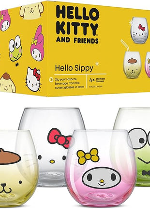 JoyJolt Sanrio Hello Kitty & Friends Hello Sippy Drinking Glasses, 15 oz Stemless Glass Cups Set of 4 ft Hello Kitty Keroppi My Melody Pompompurin, Cute Glasses for Water, Juice, Kawaii Tumbler