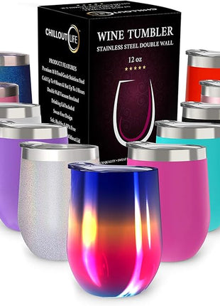 CHILLOUT LIFE 12 oz Stainless Steel Wine Tumbler with Lid - Double Wall Vacuum Insulated Wine Cup Glass Keeping Cold & Hot for Coffee, Champagne, Cocktails, Ice Cream - Colorful Rainbow