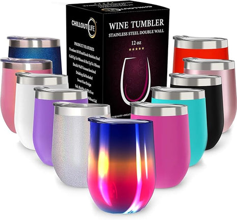 CHILLOUT LIFE 12 oz Stainless Steel Wine Tumbler with Lid - Double Wall Vacuum Insulated Wine Cup Glass Keeping Cold & Hot for Coffee, Champagne, Cocktails, Ice Cream - Colorful Rainbow