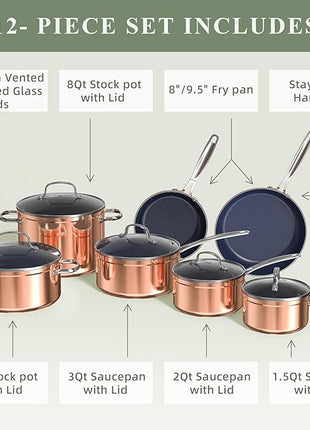 Nuwave Healthy Duralon Blue Ceramic Nonstick Cookware Set, Diamond Infused Scratch-Resistant, PFAS Free, Dishwasher & Oven Safe, Induction Ready & Evenly Heats,Tempered Glass Lids & Stay-Cool Handles