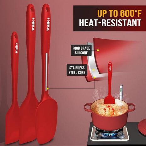 Walfos Silicone Spatula Set of 5-600°F Heat Resistant Kitchen Scraper Spatulas, Strong Steel Core and One-Pieces Seamless Design, Great for Cooking Mixing & Baking - BPA Free & Dishwasher Safe (Red)