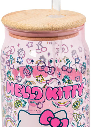 Silver Buffalo Sanrio Hello Kitty Neon Fruits Rainbows and Hearts Pattern Glass Jar Tumbler with Bamboo Lid and Glass Straw, 16 Ounces