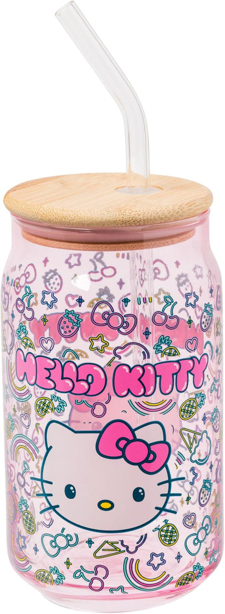 Silver Buffalo Sanrio Hello Kitty Neon Fruits Rainbows and Hearts Pattern Glass Jar Tumbler with Bamboo Lid and Glass Straw, 16 Ounces