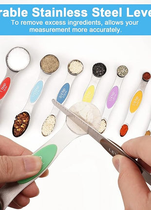 Aovchei 9 PCS Magnetic Measuring Spoons Set, Dual Sided, Stainless Steel Small Tablespoon, Teaspoons, Fits in Spice Jars, for Dry and Liquid, MultiColor
