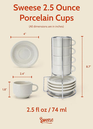 Sweese Porcelain Espresso Cups Set, 2.5 oz, with Saucers, Metal Stand, Stackable - Dove Grey, 4 Pack