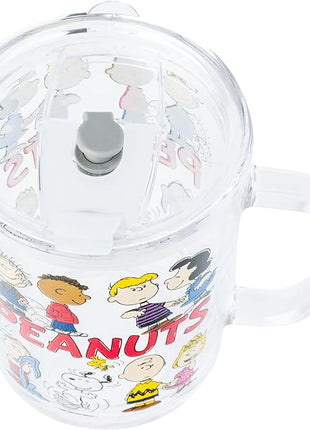 Silver Buffalo Peanuts Featuring Charlie Brown, Snoopy, Woodstock, Sally, Lucy, Linus, Schroeder, Franklin, and Pig-Pen Travel Glass Mug With Slide Close Lid and Handle, 14 Ounces