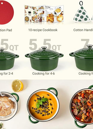 Overmont Enameled Cast Iron Dutch Oven - 5.5QT Pot with Lid Cookbook & Cotton Potholders - Heavy-Duty Cookware for Braising, Stews, Roasting, Bread Baking Glossy Green