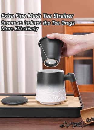 ZENS Tea Mug with Infuser and Lid for Loose Leaf Tea Steeper, 16.9oz Embossed Ceramic Tea Cup with Fine Tea Strainers, Wood Handle Large Diffusers Mugs for Tea Lovers Gifts