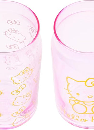 Silver Buffalo Sanrio Hello Kitty Gold 2 Pack Pink Glass Jar Tumbler with Bamboo Lid and Glass Straw, 16 Ounces