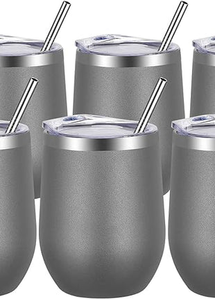 VEGOND Wine Tumblers Bulk 6 Pack, 12oz Stainless Steel Stemless Wine Glass with Lids and Straws, Double Wall Vacuum Insulated Tumbler Cup, Coffee Mug for Cold Hot Drinks