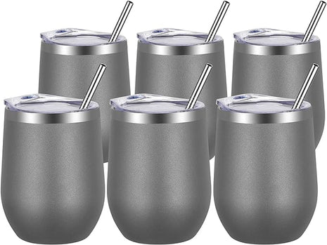 VEGOND Wine Tumblers Bulk 6 Pack, 12oz Stainless Steel Stemless Wine Glass with Lids and Straws, Double Wall Vacuum Insulated Tumbler Cup, Coffee Mug for Cold Hot Drinks