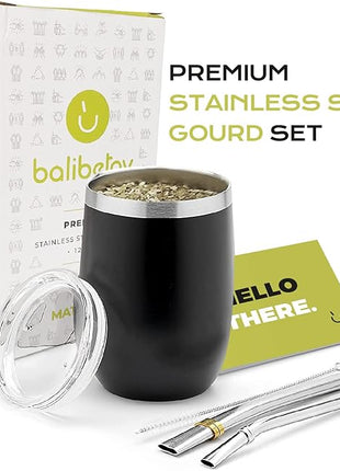 BALIBETOV 5 pcs large Yerba Mate Cup and Bombilla Kit, Includes one 12 oz Yerba Mate Gourd with Lid, Two Bombillas Mate Straw and one cleaning brush | Stainless steel | Double Walled