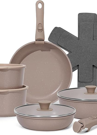 15Pcs Pots and Pans Set Non Stick, Cookware Sets with Detachable Handle, Nonstick RV Kitchen Cooking Tools Removable Handles, Oven Safe, Induction Fast, Stackable Induction Cookware, Brown